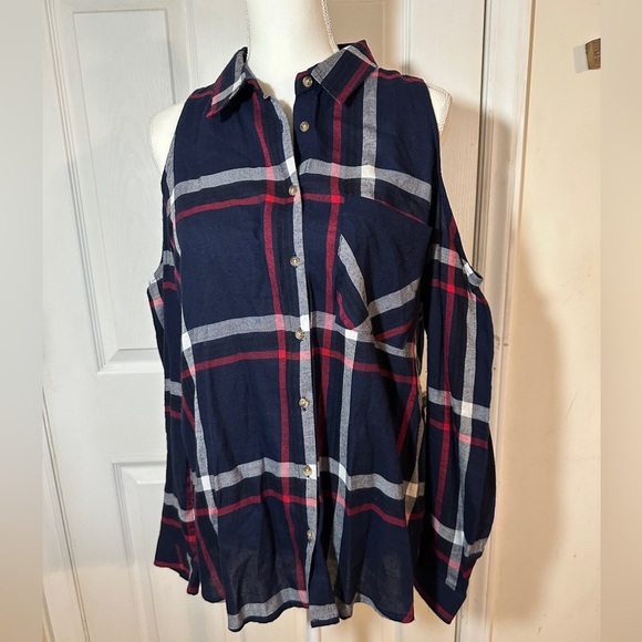 Juniors Ambiance cold shoulder plaid button down shirt size Large - Picture 1 of 8